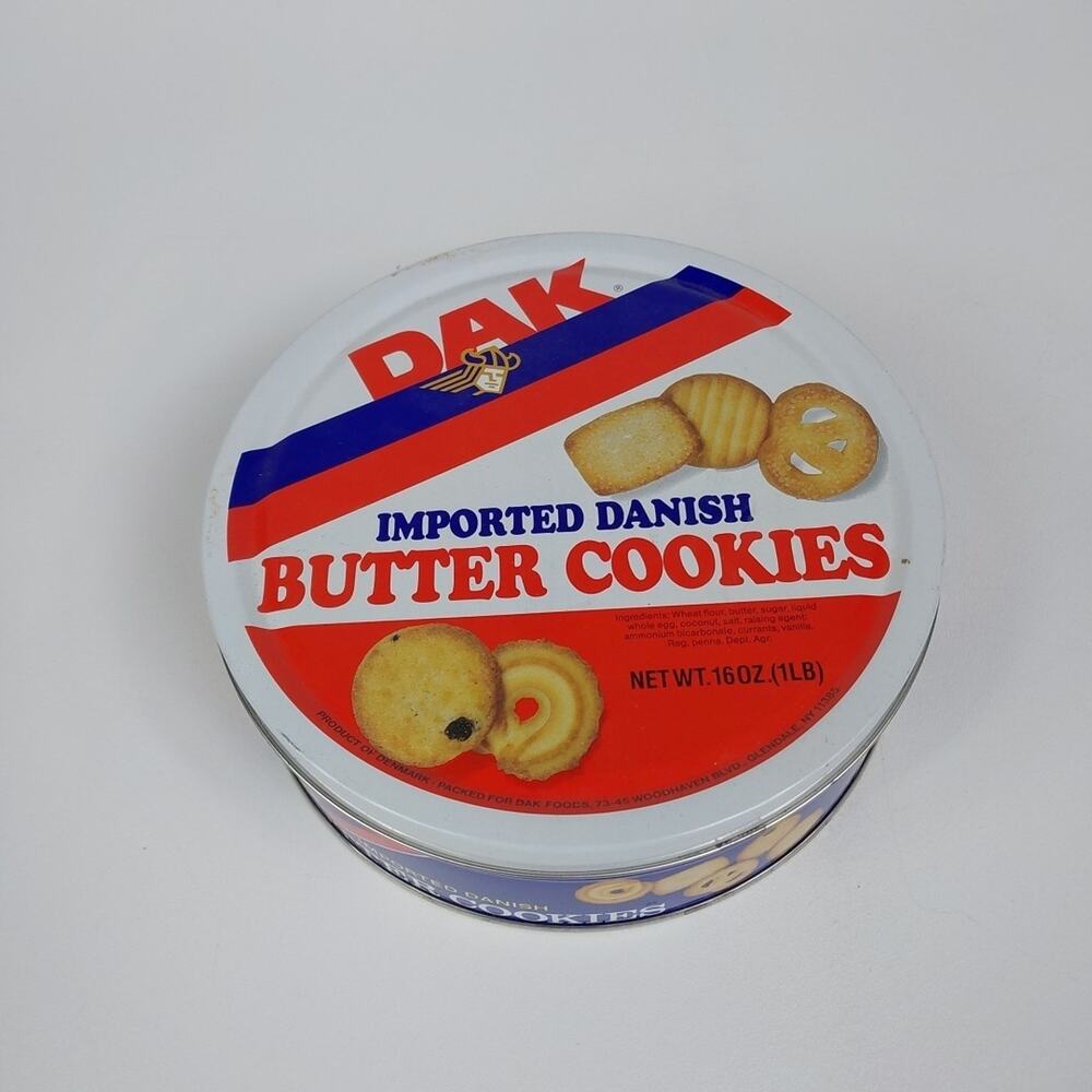 DAK Foods Imported Danish Butter Cookies Vintage 16 OZ Round Tin For Storage